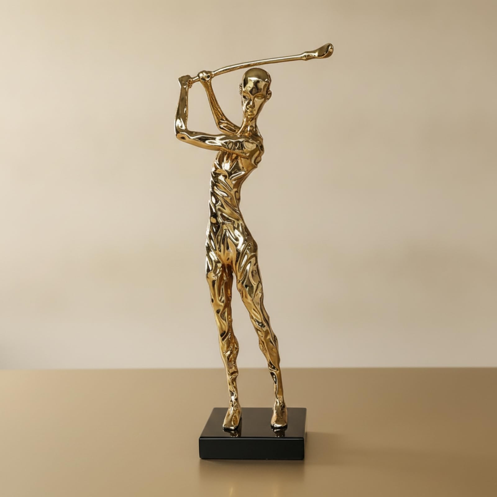 Golf Figur Skulptur Trophäe Dynamische Golfer Darstellung mit Polierter Oberfläche auf Ebonisiertem Sockel aus Legierung, Gold Gesprüht, Modern Minimalistisch