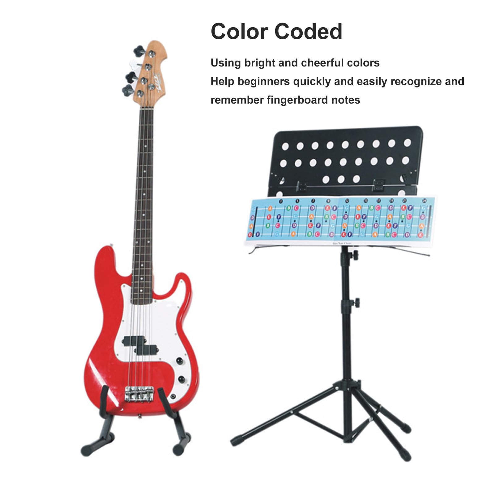 Tableau de Notes du Manche de Guitare Basse, 4 Cordes, échelle de Basse, Code Couleur, Apprentissage Rapide pour les Débutants