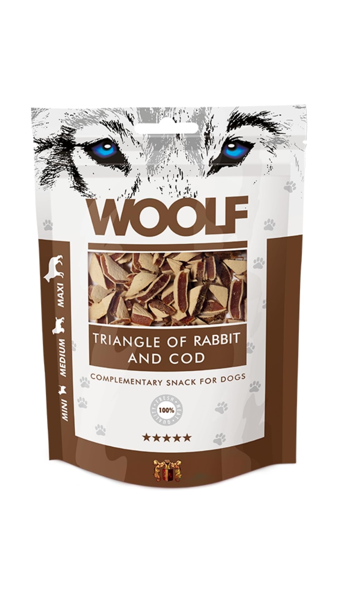 WOOLF Rabbit and Cod Triangles - Complementary Snacks for Dogs. Dog Treats with All-Natural Ingredients, High Meat Content, Free from Artificial Additives. Suitable for Dogs (100g)