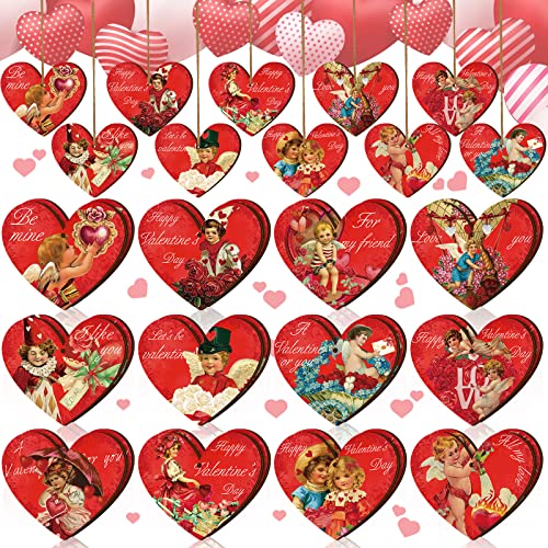 24 Pcs Easter Wooden Hanging Ornaments Vintage Egg Cutouts Decoration Classic Bunny Spring Ornaments for Tree with Rope for Crafts Holiday Easter Party Favor Supplies(Lovely Style)