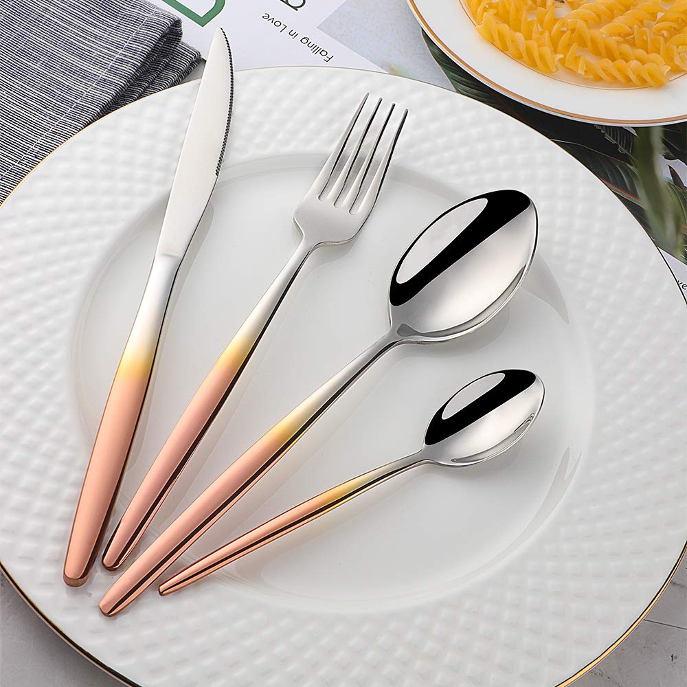Bisda Juego de cubiertos de acero inoxidable con mango de color oro rosa, servicio de cubiertos de 16 piezas para 4 personas, Cucharas de sopa Tenedores Cuchillos Juego de cucharaditas