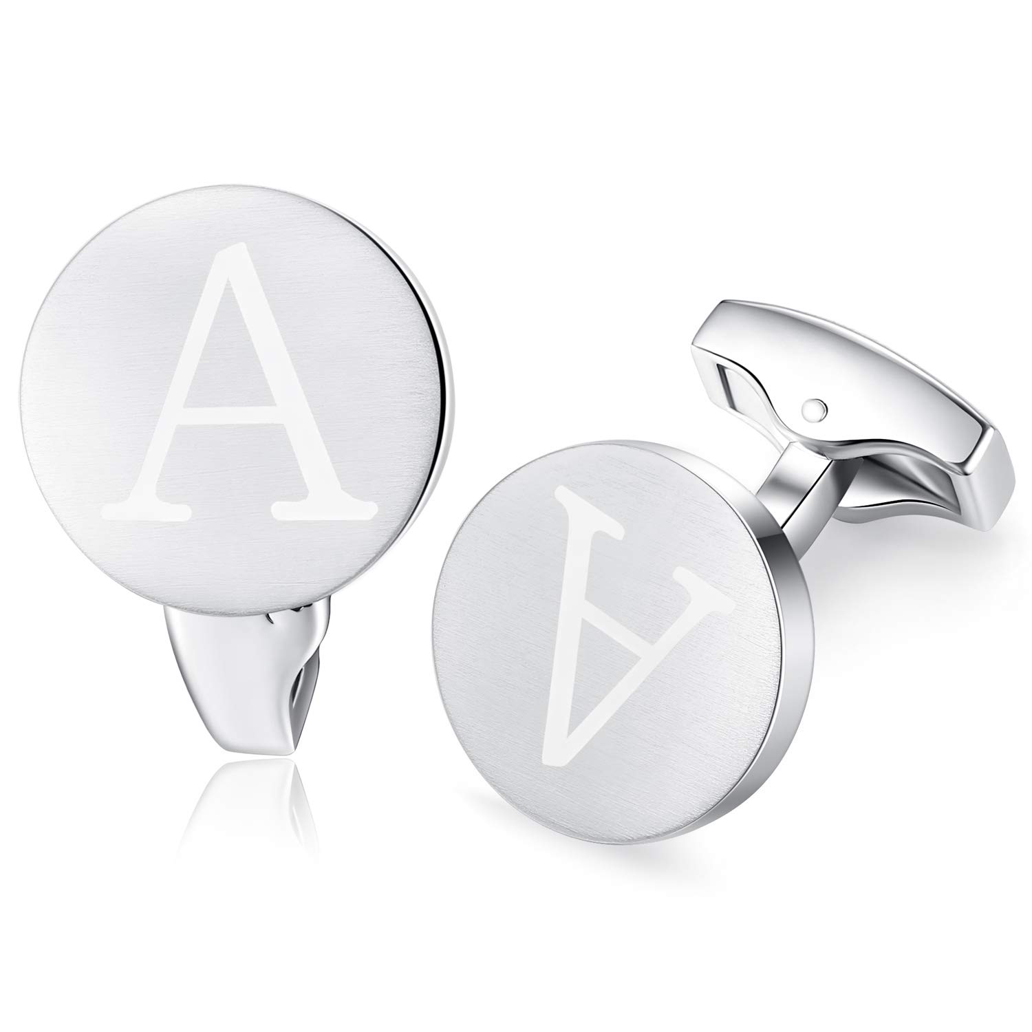 Honey Bear Men's Silver Initial Alphabet Letter Cufflinks For Brushed Round Shape Wedding Business Gifts, A - Z (A)