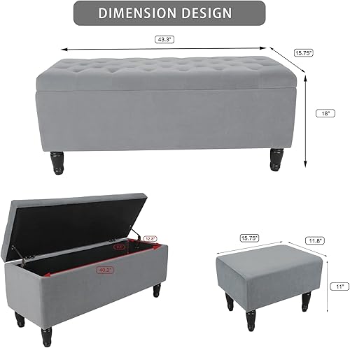 Miniatura 3 de Banco otomano de almacenamiento, banco de terciopelo en el extremo de la cama con 2 otomanas pequeñas para dormitorio, banco de almacenamiento con