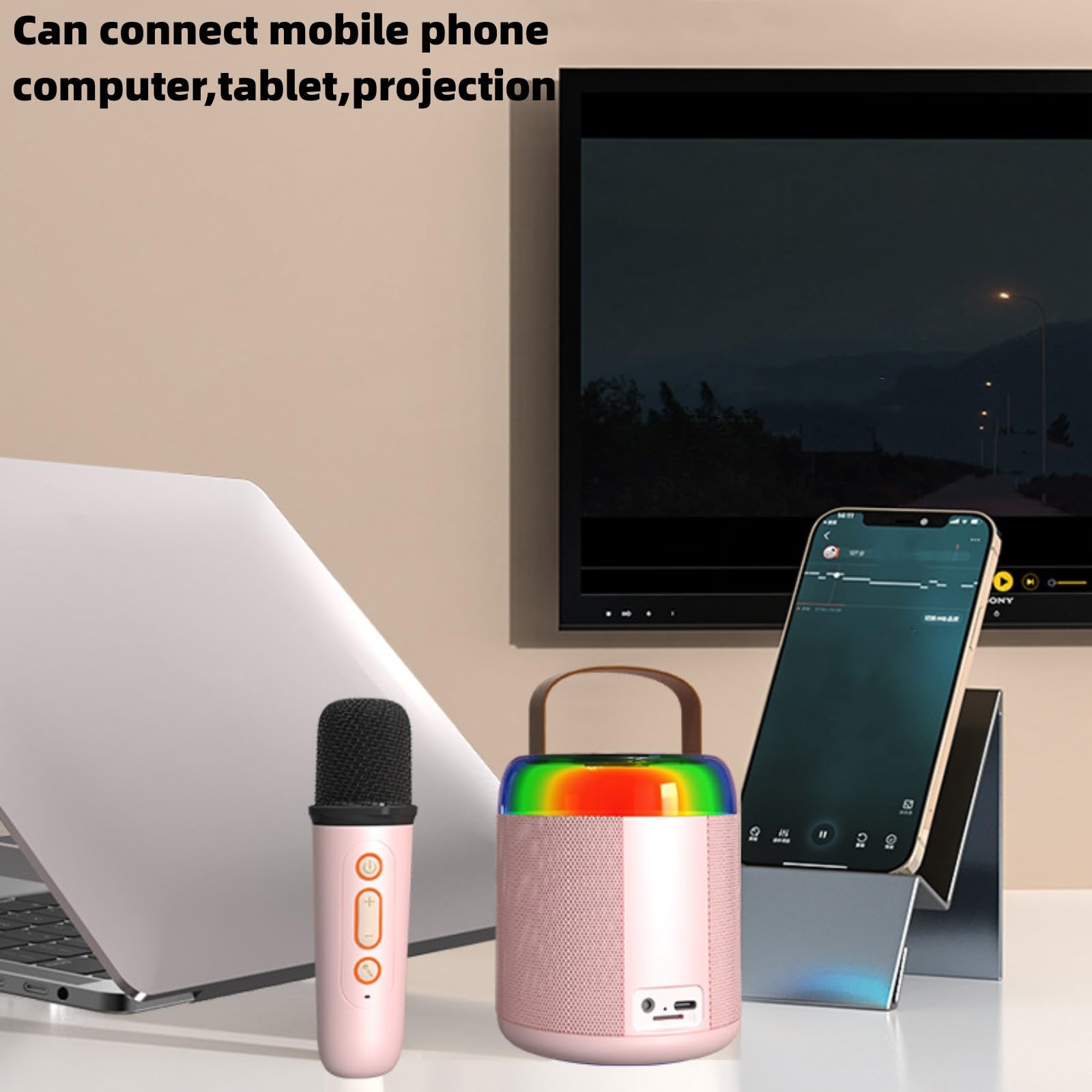 Macchina per karaoke Bluetooth ricaricabile, altoparlante portatile con microfoni wireless e luci a LED, effetti che cambiano la voce, giocattolo per karaoke, lettore karaoke, per feste di compleanno