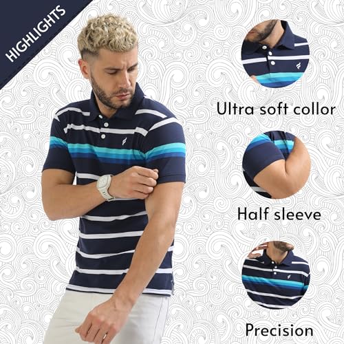 Image of fanideaz Mens Cotton Half Sleeve Striped Relaxed Fit Polo T Shirt With Collar 5005Navy S Ocean Blue