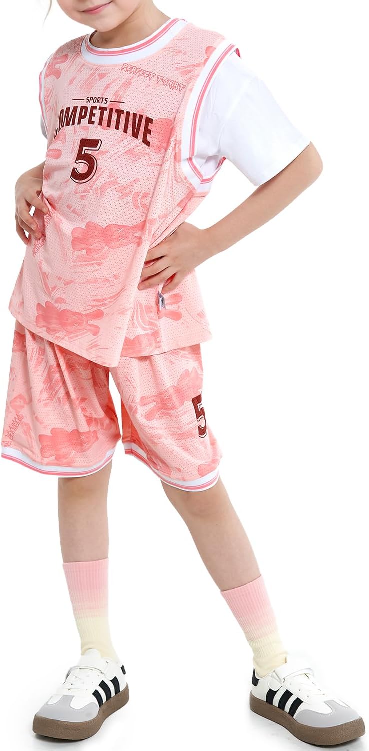 JiAmy Kids Sports Shorts Sets Boys Girls 2 Piece Basketball Jersey Sets Short Sleeve Tops and Shorts Tracksuit 11-12 Years Girl Pink image 4 of 6 B0DTTTFWP3