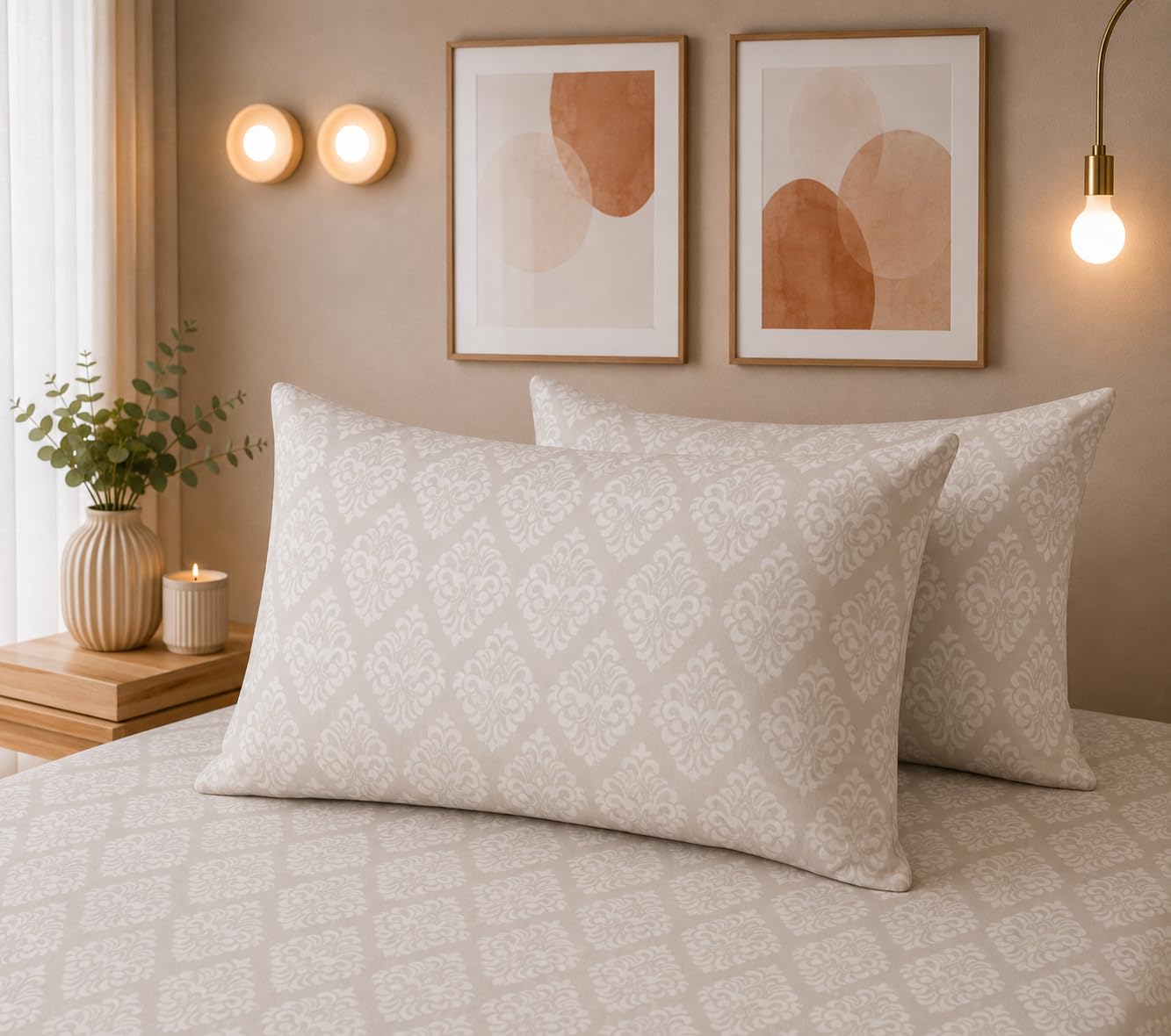 THE HOME STYLE Super Soft Glace Cotton King Size Printed Pillow Covers ll Pillow Cases ll Set of 2 Piece- 18"x 28" Inches (Vanilla Barocca)