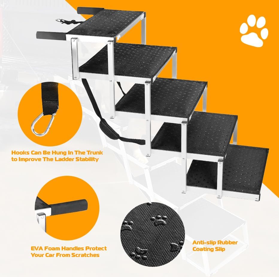 Miniatura 2 de Rampa de coche de 5 pasos para perros grandes soporta hasta 250 libras portátil, plegable, superficie antideslizante, aluminio ligero. Perfecto para
