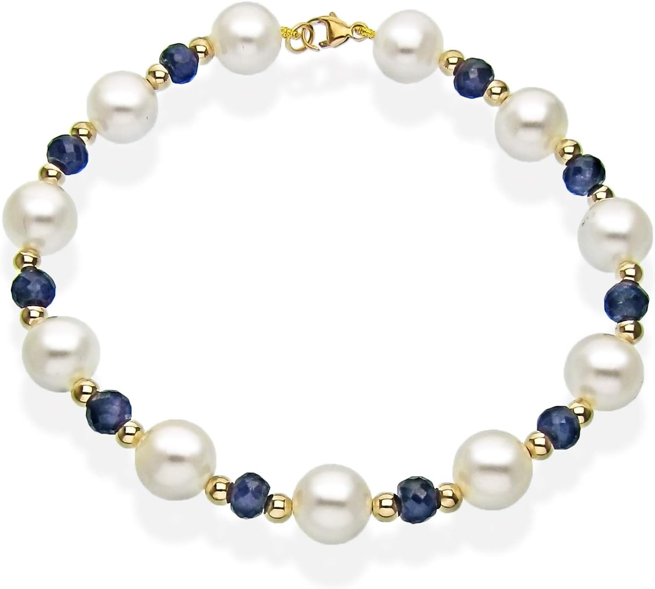 14K Yellow Gold Strand Bracelet with 8-8.5MM White Freshwater Cultured Pearl and 4mm Blue Sapphire