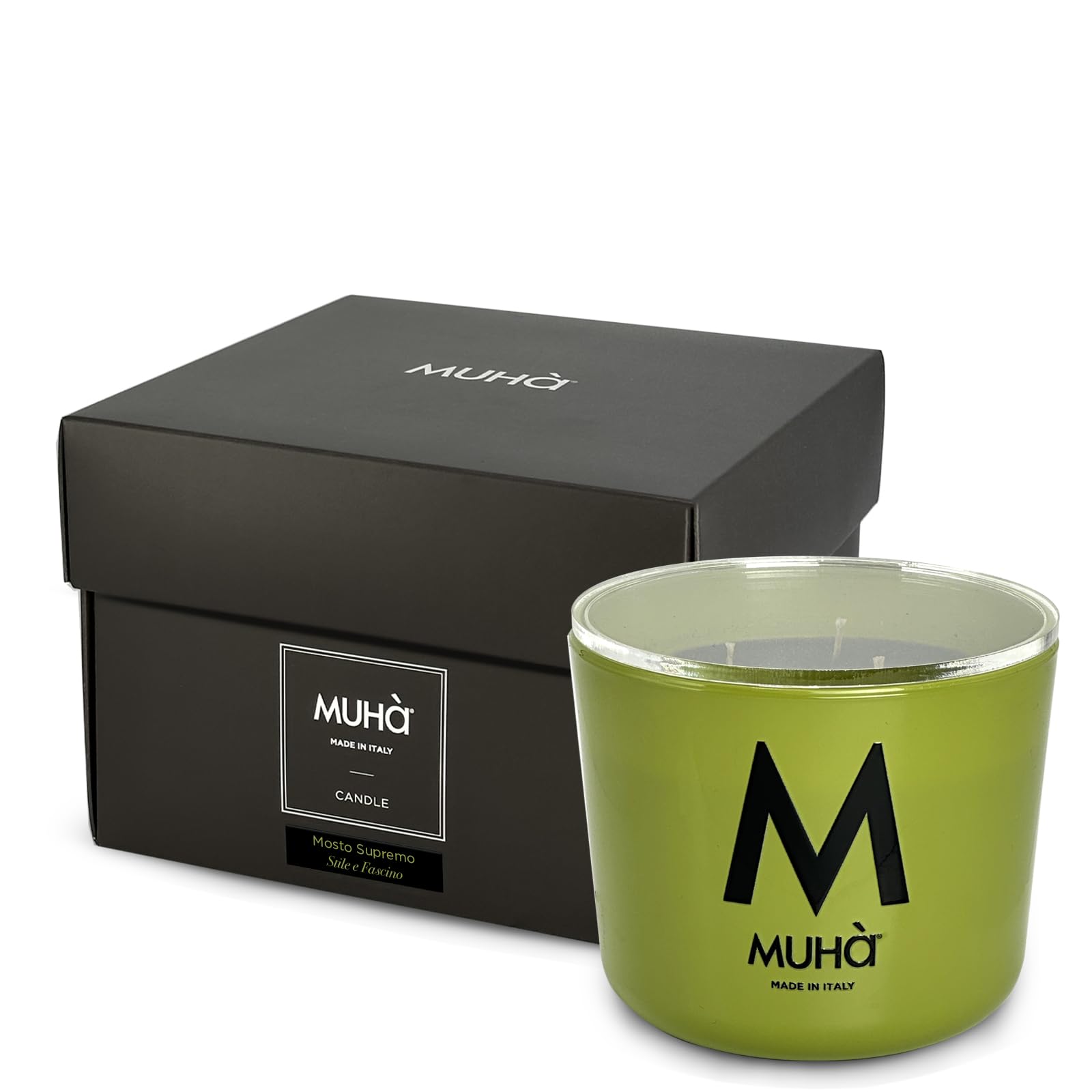 MUHA' | Candela Profumata in Vetro Verde, Mosto Supremo, 500 Gr | Profumatore per Ambienti