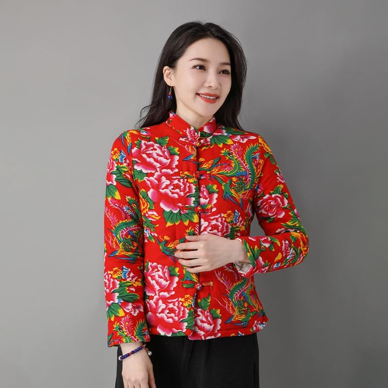 レトロな中国式のボタンの綿の服,短いタイプの綿の麻のプリントとベルベットの唐の服