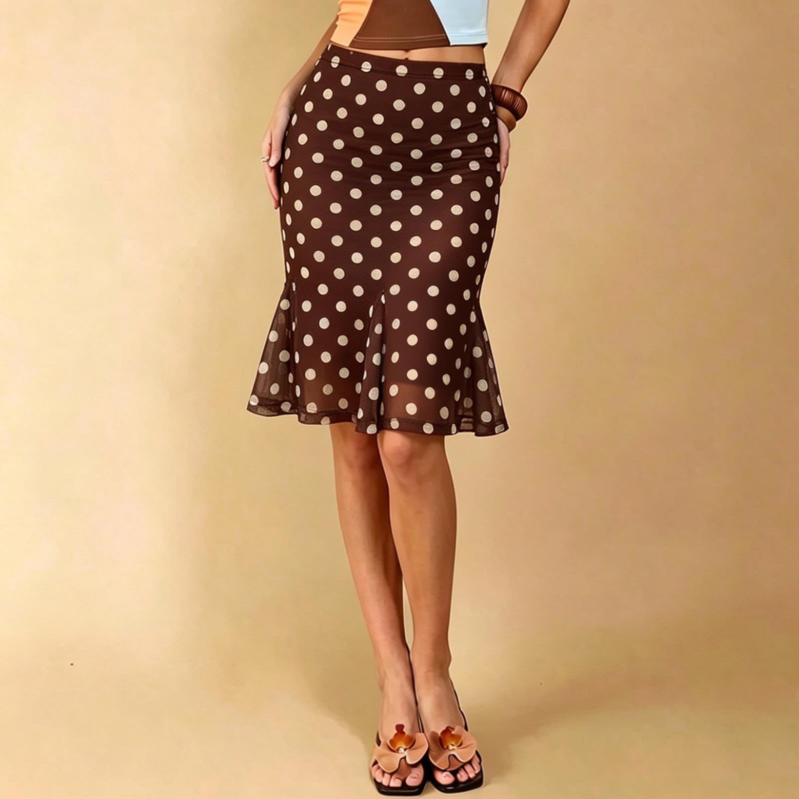 Gonne Midi A Trapezio,Gonna Da Donna A Coda Di Pesce A Pois,Orlo Volant | Tulle, Viaggi E Vacanze, Vacanze Al Mare, Estate(Brown,XL)