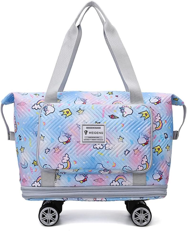 Travel Tote Bags with Trolley Sleeve Expandable Extra Waterproof Rainbow Oxford Duffel Bag with Wheels (Rainbow Blue, Small)