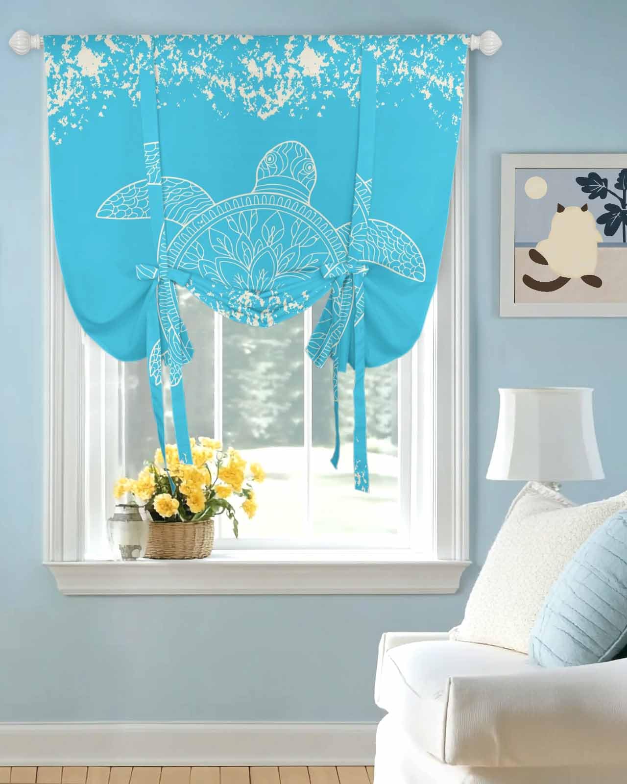 Tie Up Curtains for Windows Classic Ocean Turtle on Blue Rod Pocket Tie-Up Window Shade Adjustable Balloon Curtain Valance Vintage Marine Life for Bedroom Kitchen Bathroom Blinds,42x45in