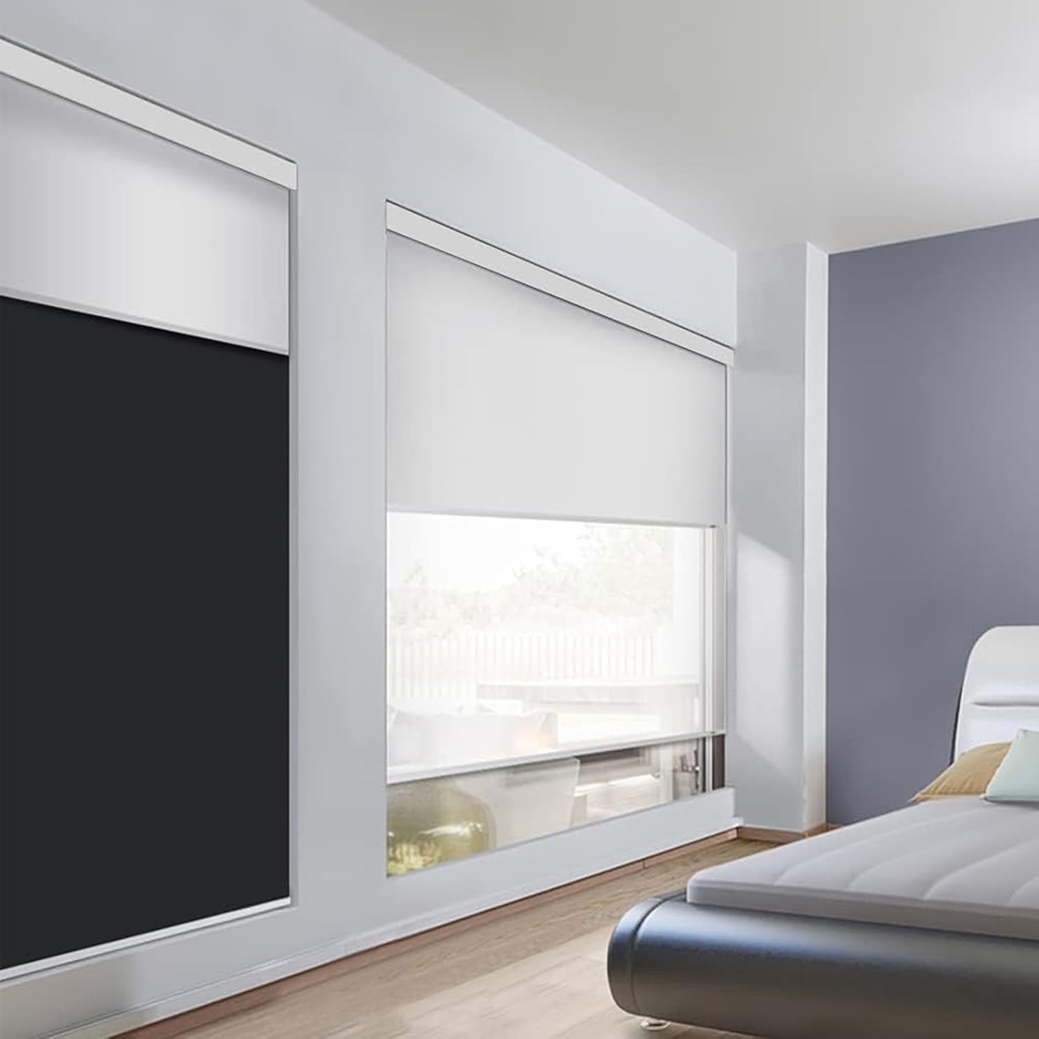 TIPIACE Day and Night Dual Layers Motorized Roller Blinds Shades with Valance Rechargeable Motor Suitable for Home, Office, Hotel Windows (Perspective White+Full Blackout Black)