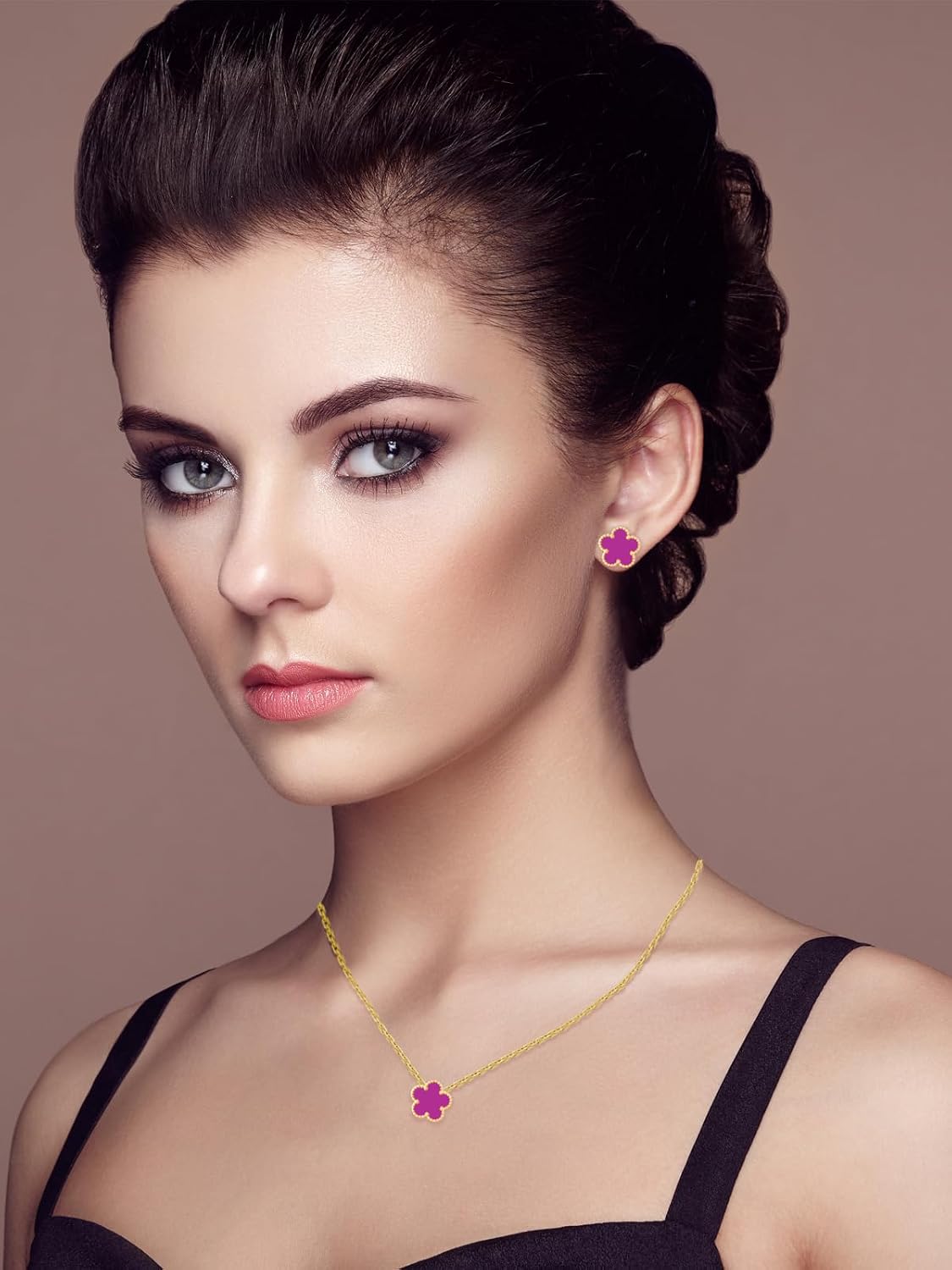Four Leaf Clover Necklace and Stud Earrings Set for Women Lucky Flower 14K Gold Plated Jewelry