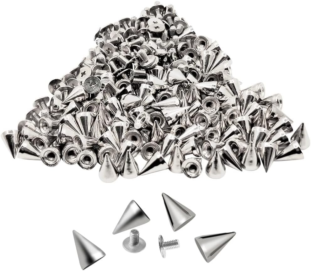 100 Pairs Cone Spikes Screwback Studs, Cone Silver Studs and Spikes Punk, DIY Leather Craft Cool Rivets Punk(7X10mm)