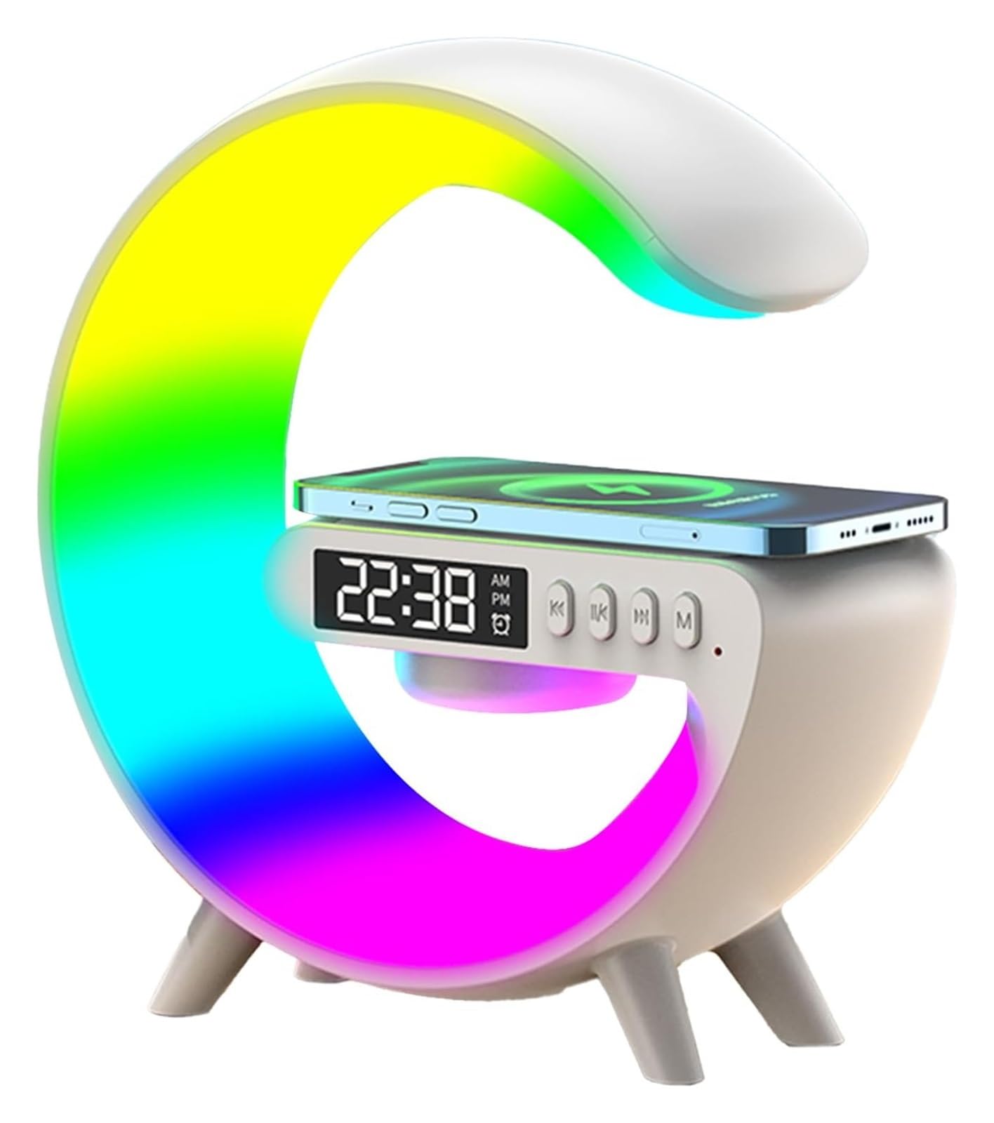 DengFen G-shaped Lamp Mobile Phone Charger, Bluetooth Speaker Wireless Charger, 10W Wireless Charging, Six Atmosphere Lamp Modes, Time Alarm Clock Charger Stand Home Bedside Lamp(White)