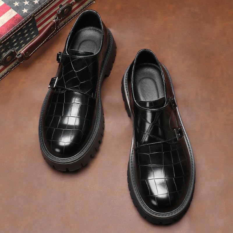 Santimon Men's Monk Strap Leather Loafers Buckle Chunky Added Height Durable Slip On Shoes4