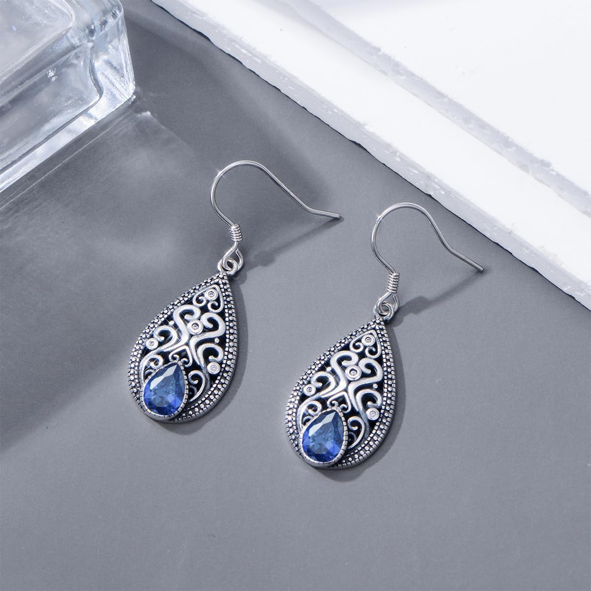 925 Sterling Silver Vintage Retro Filigree Dangle Drop Earrings with 7mm Teardrop 12 Months Birthstone Birthday Jewelry Gifts for Women Her - Image 3