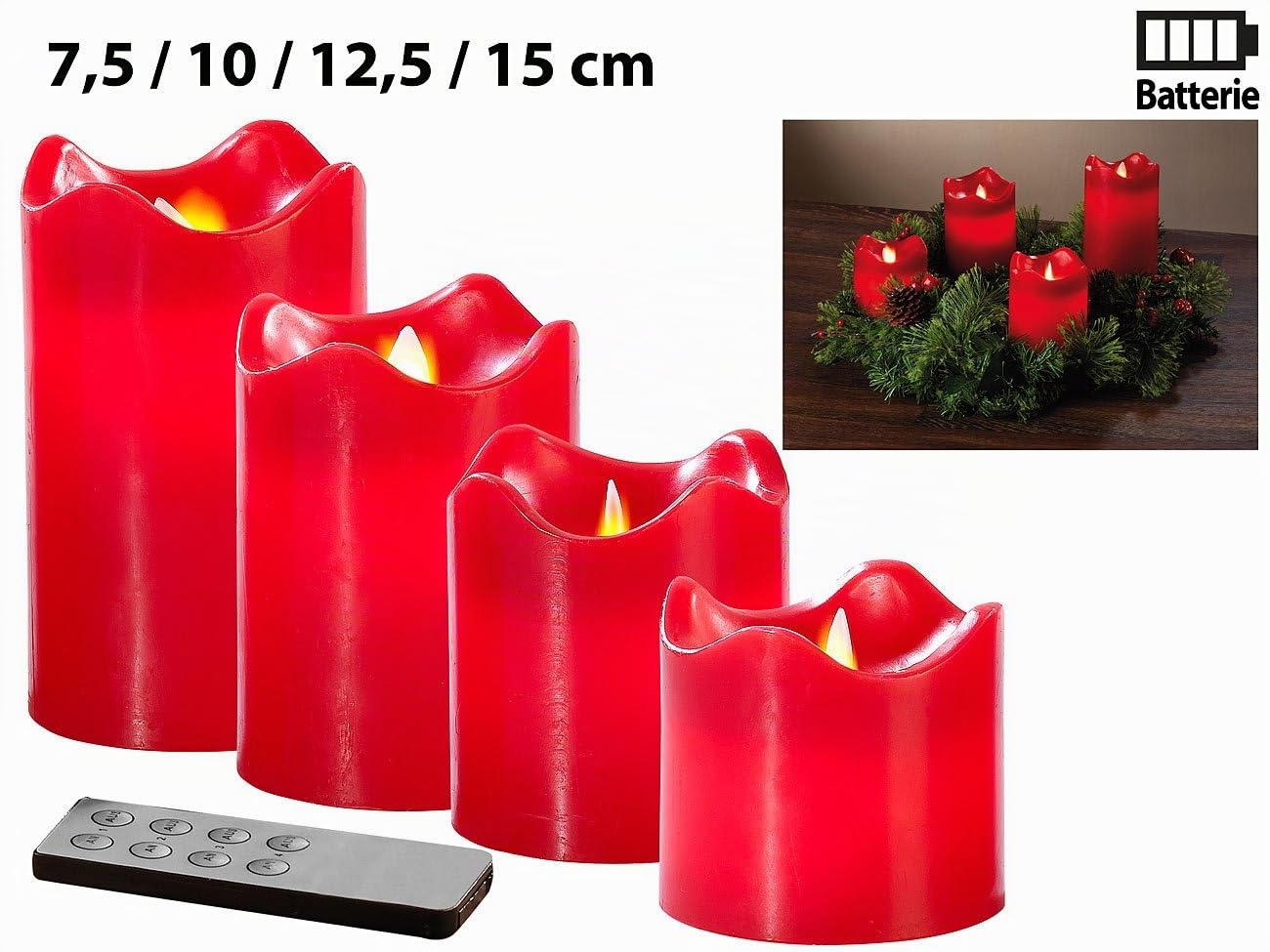 Flammenlose Kerzen: 4 Echtwachskerzen mit beweglicher LED-Flamme, Abgestuft, rot (LED-Kerzen mit beweglicher Flamme, Fernbedien, rote)