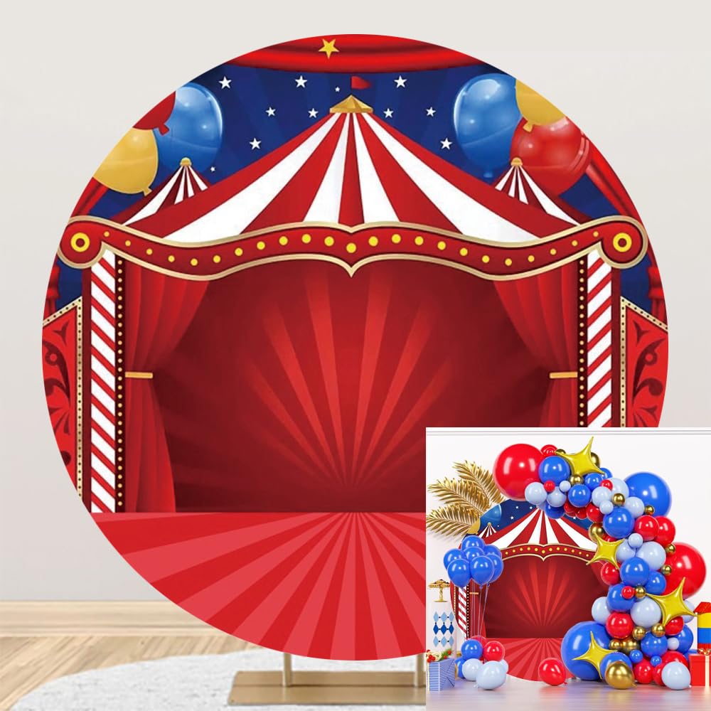 Laeacco 7.2x7.2ft Circus Tent Round Backdrop Red Circus Carnival Circle Backdrop Big Top Tent Red Stripe Balloon Star Photo Background for Baby Shower