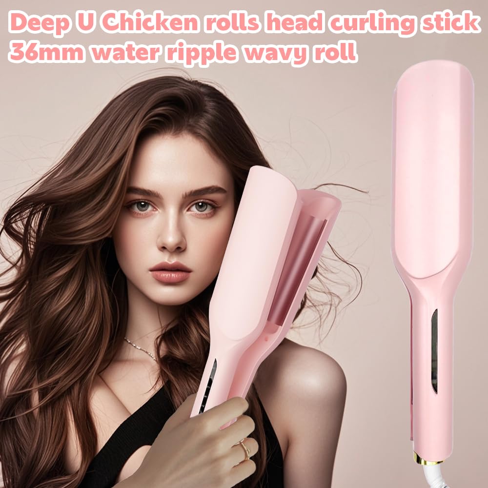 Welleneisen Für Haare, 32mm Lockenstab Große Locken, French Wave Lockenstab, 5 Einstellbare Temperaturen, V Förmiger Welleneisen Große Wellen, Mermaid Hair Waver, für Lange/Kurze Haare (Rosa)