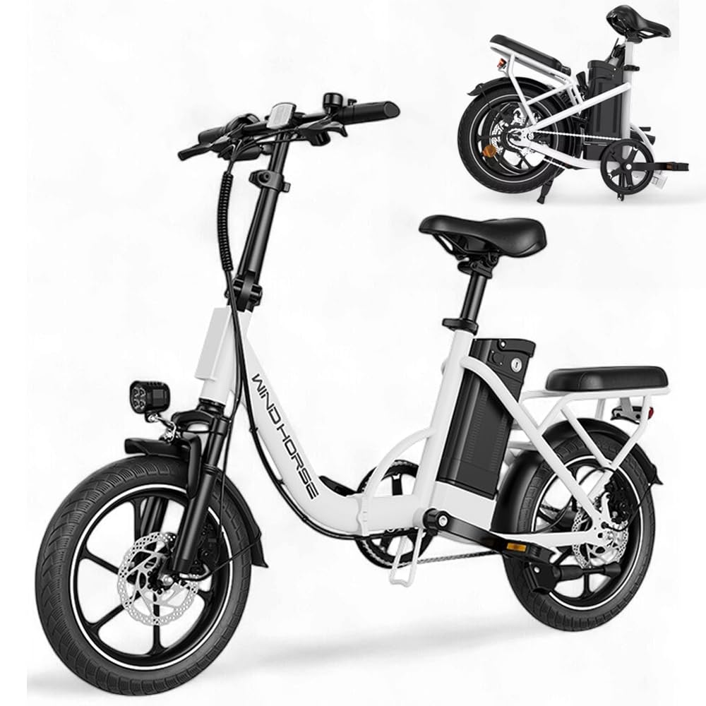 WINDHORSE Folding Electric Bike with 350W High Speed Motor, 36V 8AH Battery, 40 KM/H Speed, 35 KM Range, Dual Disk Brakes, Carbon Alloy Frame and 16 Inches Tires, Front Suspension Fork White