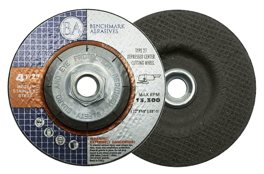 Benchmark Abrasives 4-1/2" T27 Aluminum Oxide Pro Depressed Center Grinding Wheel, 1/4" Thick, 5/8"-11 Threaded Flange Angle Grinder Wheel for Cutting Stock Removal on Metal, Cast Iron - 5 Pack