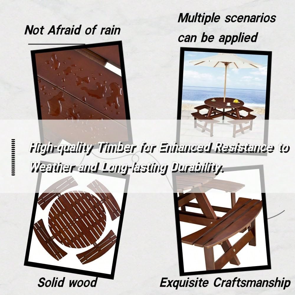 Brown Outdoor Picnic Table, 8-Person Round Set w/4 Built-in Benches & Umbrella Hole - Patio/Porch