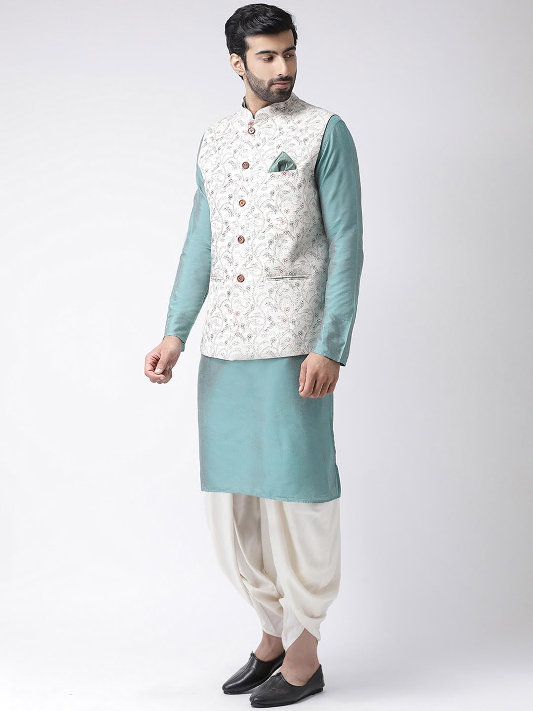 Men Multi Coloured Printed Cotton Blend Kurta Jacket Dhoti Set With Kantha Print