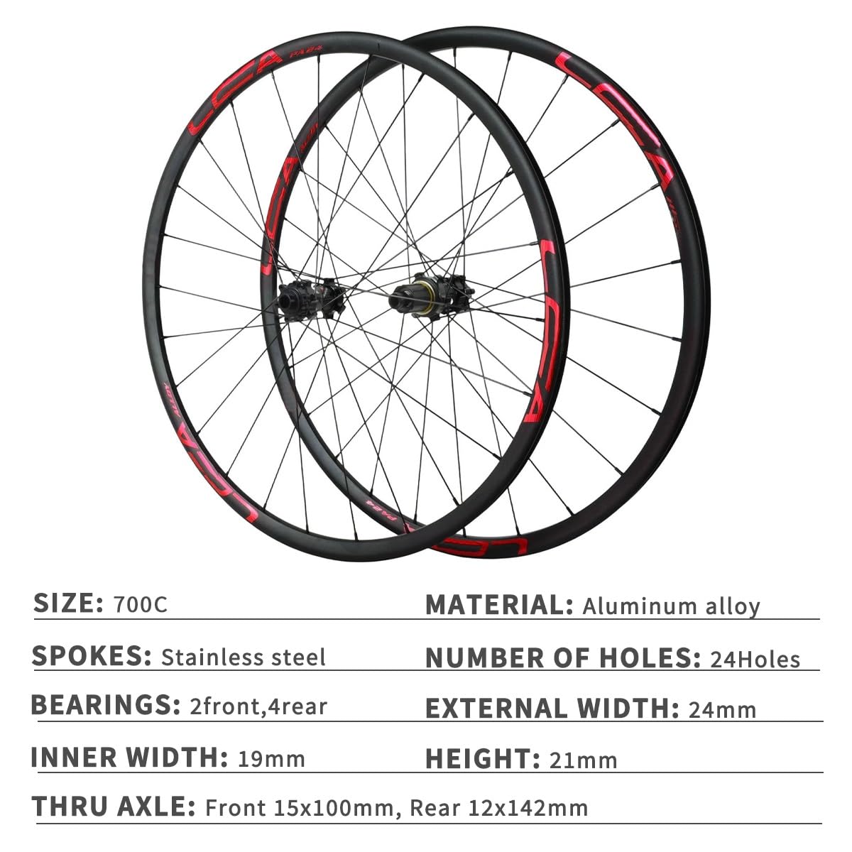 Rueda Delantera Y Trasera De Bicicleta 700C Rueda De Carretera Frenos De Disco Llanta De Aleación De Aluminio Buje con Eje Pasante 15×100/12×142mm Cassette 7-12 Velocidades