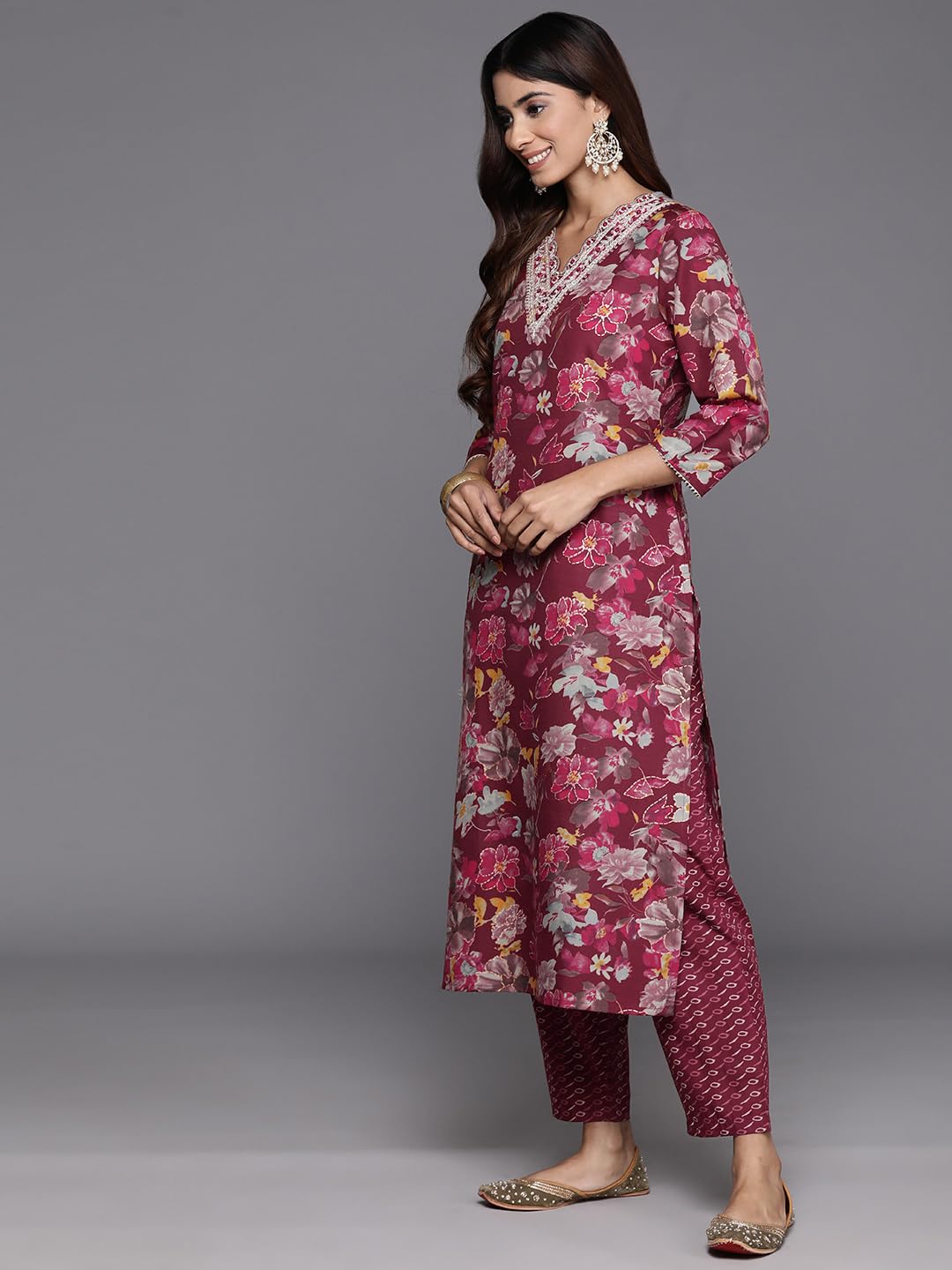 Varanga Women Maroon Floral Printed Embroidered Kurta Paired With Bottom And Dupatta