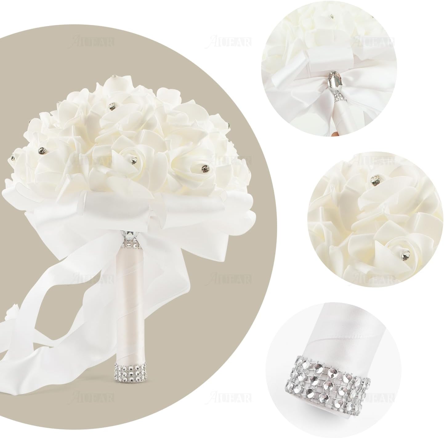 AUEAR, Wedding Bouquets Flower Bridal Bridesmaid Crystal Silk Artificial Rose for Bride Party and Church (White) - Image 7