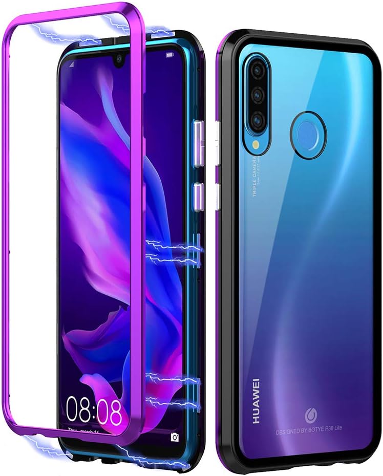 Eastcoo Compatible with Huawei P30 Lite Mobile Phone Cases, Strong Magnetic Adsorption Technology Metal Frame,Transparent Tempered Glass Back Cover for Huawei P30 Lite Phone Cases(P30 Lite,Purple)
