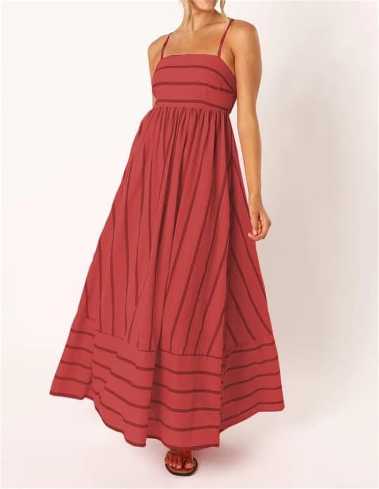 2026 - Maxi abito da donna a righe con punto smock sul retro, sexy, con spalline sottili ritagliate