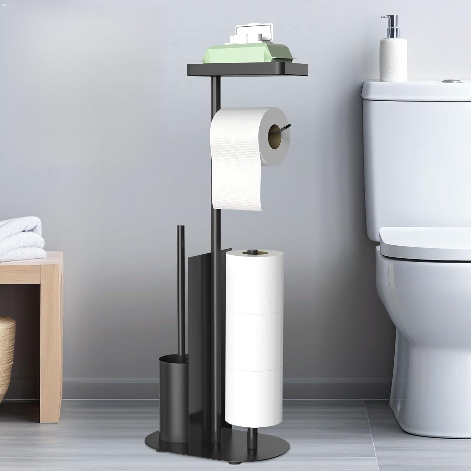 Toilet Paper Holder Free Standing - Toilet Paper Stand with Shelf, Bathroom Tissue Holder Stand, Floor Toilet Paper Roll Holder Stand with Storage, Black