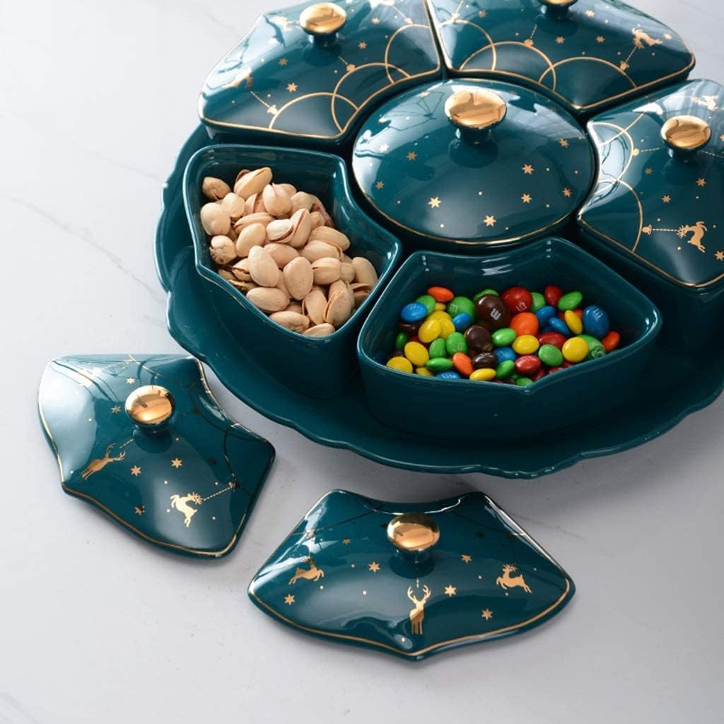 Divided Serving Tray Portable Party Snackle Box Nut Serving Platter Serving Bowls with Lids Set Snack Tray Candy Dish (Green)