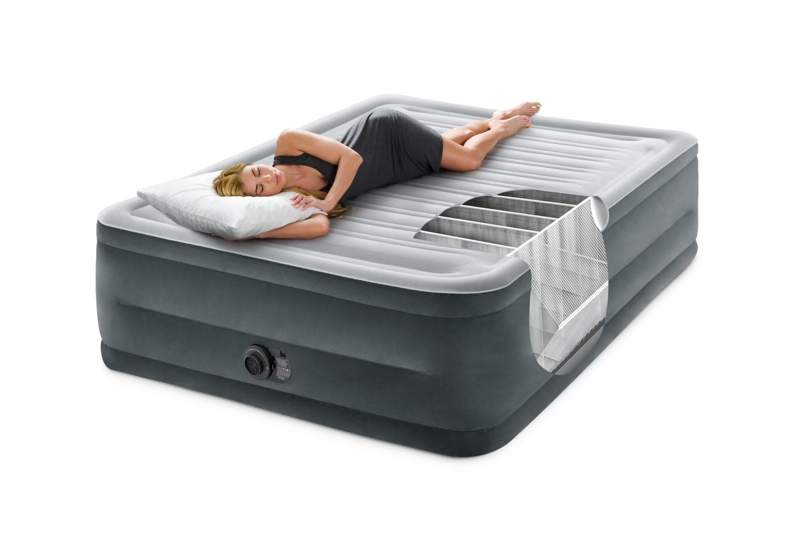 INTEX Comfort-Plush Luftbett für 2 Personen (152×203×56 cm) max. 272 KG – mit integrierter Elektropumpe – Gästebett aufblasbares Bett Camping Matratze mit Fiber-Tech-Technologie
