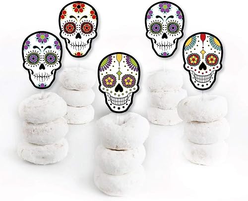 Miniatura 2 de Big Dot of Happiness Día de los Muertos - Decoración para cupcakes de postre - Calavera de azúcar de Halloween - Selecciones transparentes para