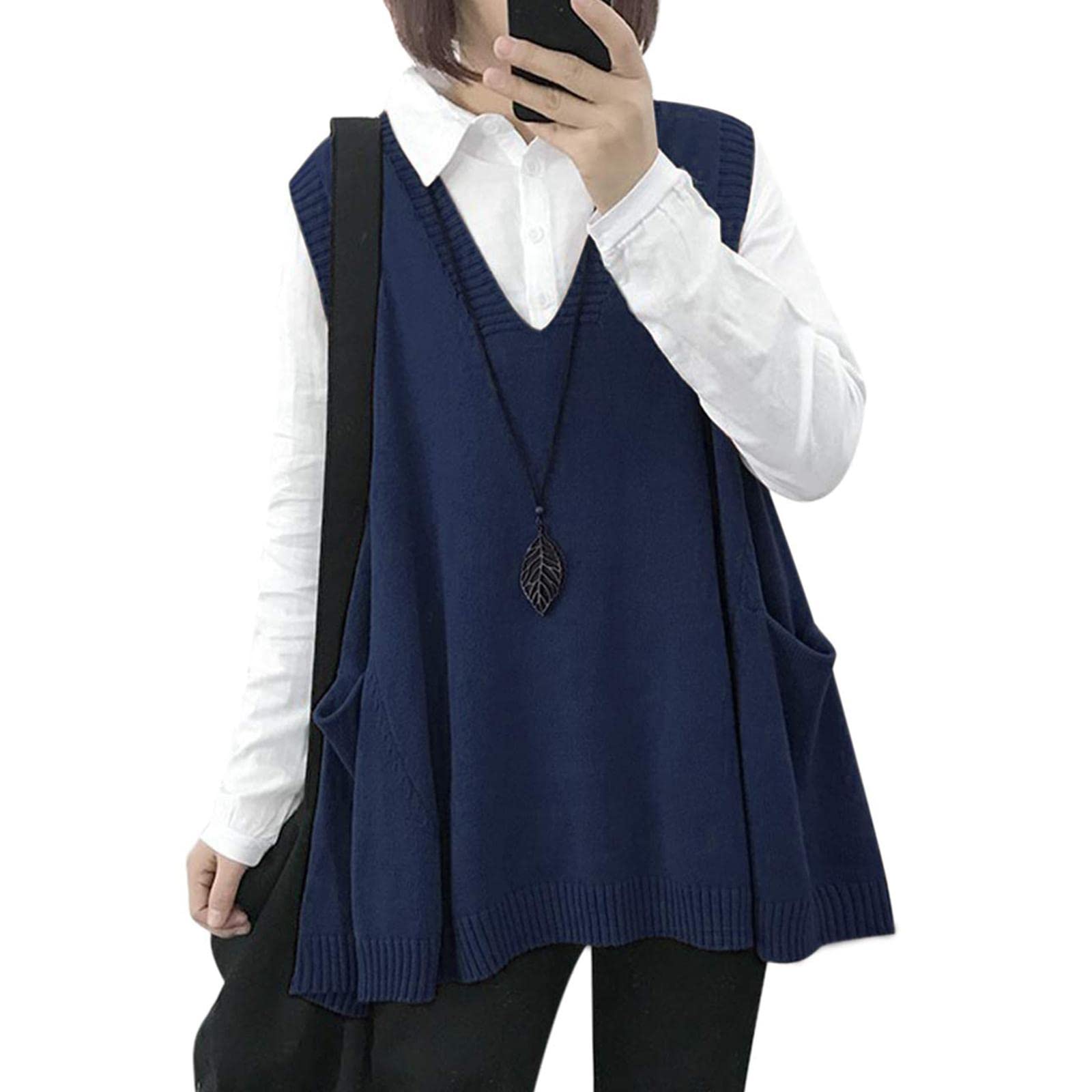 Gilet Smanicato Donna Oversize Maglioni Senza Maniche in Maglia Scollo a V Chic Vintage Elasticità Maglione Canotta Doppie Tasche