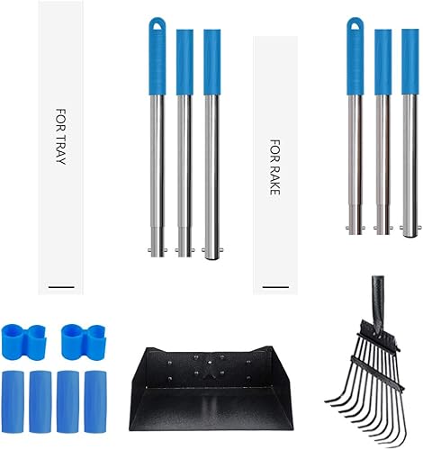 Miniatura 6 de QiMH Juego de bandeja y rastrillo mejorado para excremento de excremento de mascotas de metal inoxidable con mango largo ajustable para perros