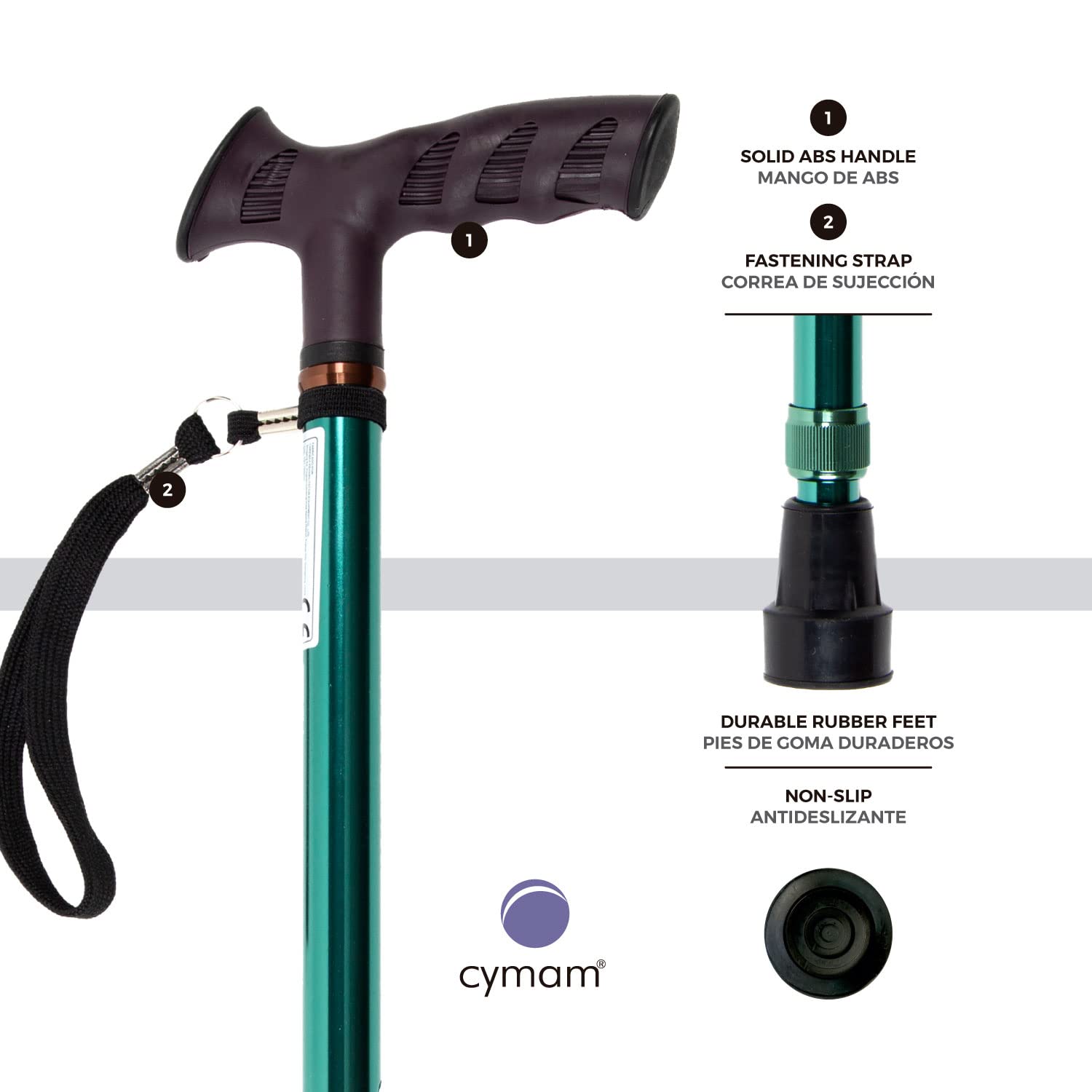 Bastón Ortopédico Regulable en Altura 72-95 cm – Fabricado en Aluminio – Empuñadura Anatómica de Tacto Suave y Ambidiestra con Cinta de Sujeción – Contera Antideslizante 19 mm