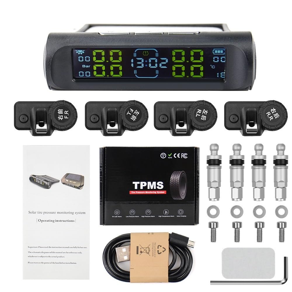 Tpms Sistema di monitoraggio della Pressione dei Pneumatici Wireless Universale Display dell'orologio a energia Solare 4 sensori con sensore Esterno(Internal Clock)