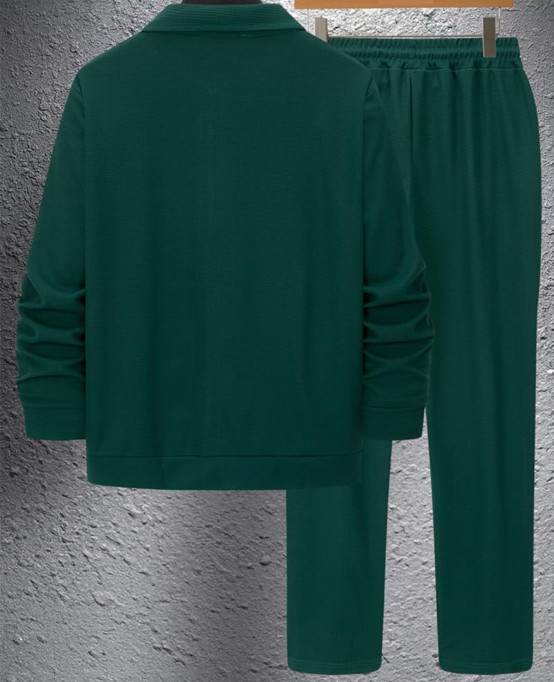 Athleisure Soft Waffle Jacket Set Mens, Men's Waffle Long Sleeve Zip Up Shirt Jacket and Drawstring Jogger Suit Sets3