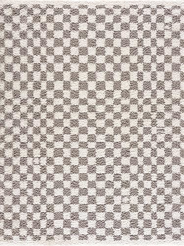 Image of Hauteloom Pixel Contemporary Checkered Fluffy Shag Area Rug - Modern Geometric Soft Carpet Tiles for Living Room, Kids Room, Nursery - Gray, Light Grey, White - 6'7 inch x 9'