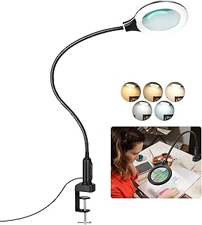 26" Gooseneck Magnifying Lamp with Clamp, 5 Color Modes Stepless Dimmable LED Desk Light with Magnifying Glass, 5X Real Glass Lighted Magnifier Hands Free for Painting Close Work Craft Hobby
