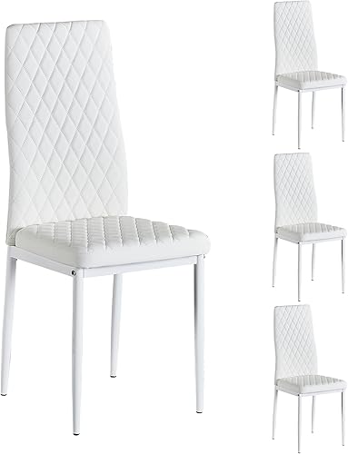 Vista 9 de Juego de 6 sillas de comedor para comedor, cocina, sillas de metal modernas con cojín tapizado de piel sintética (blanco)