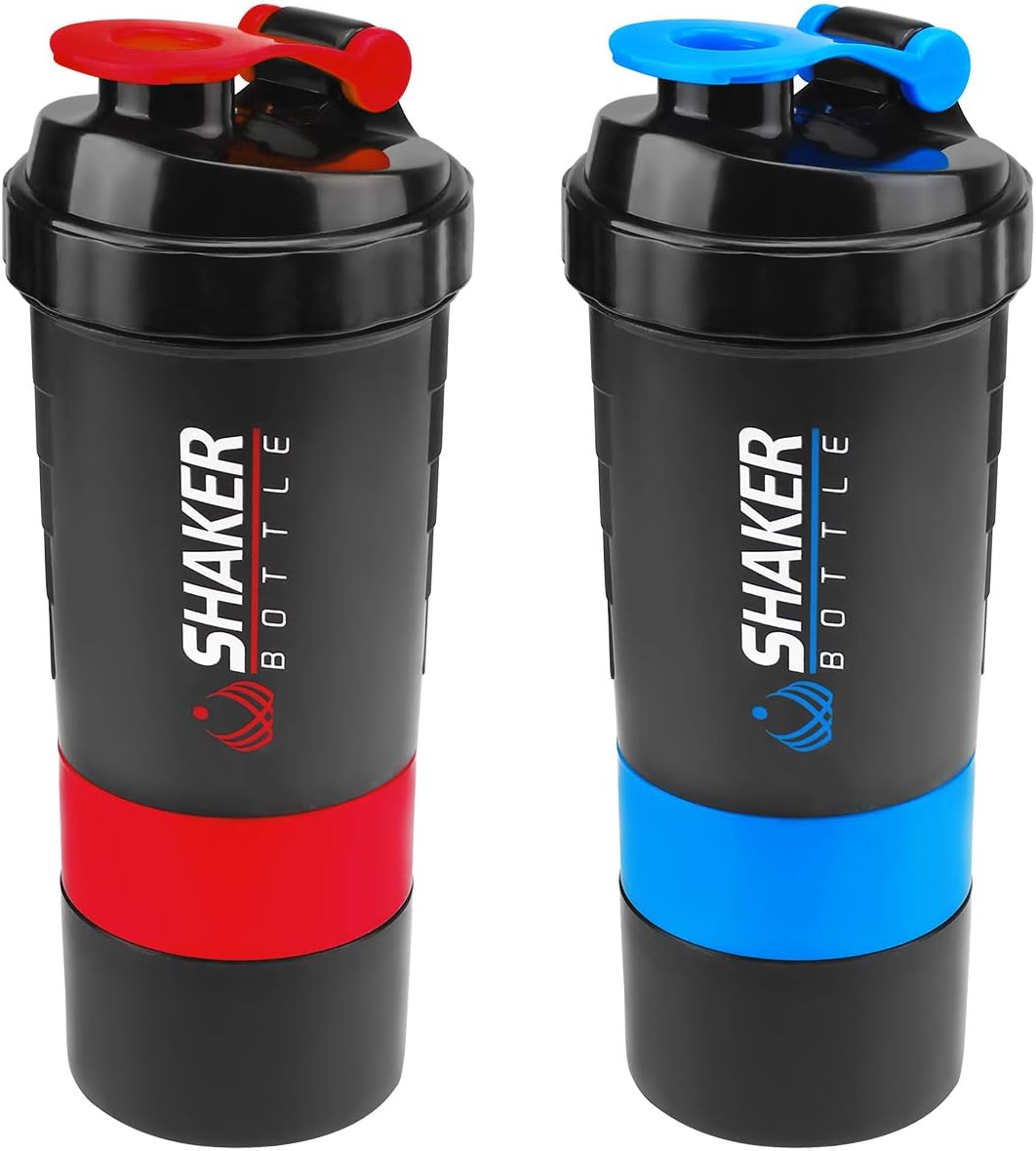 2 Pack 22 OZ Protein Shaker Bottles Fitness Sports Nutrition Supplements Mix Shake Bottl with 16oz Shaker Bottle and 3-Layer Twist Lock Storage, 100% BPA-Free Leak Proof (Red+Blue)