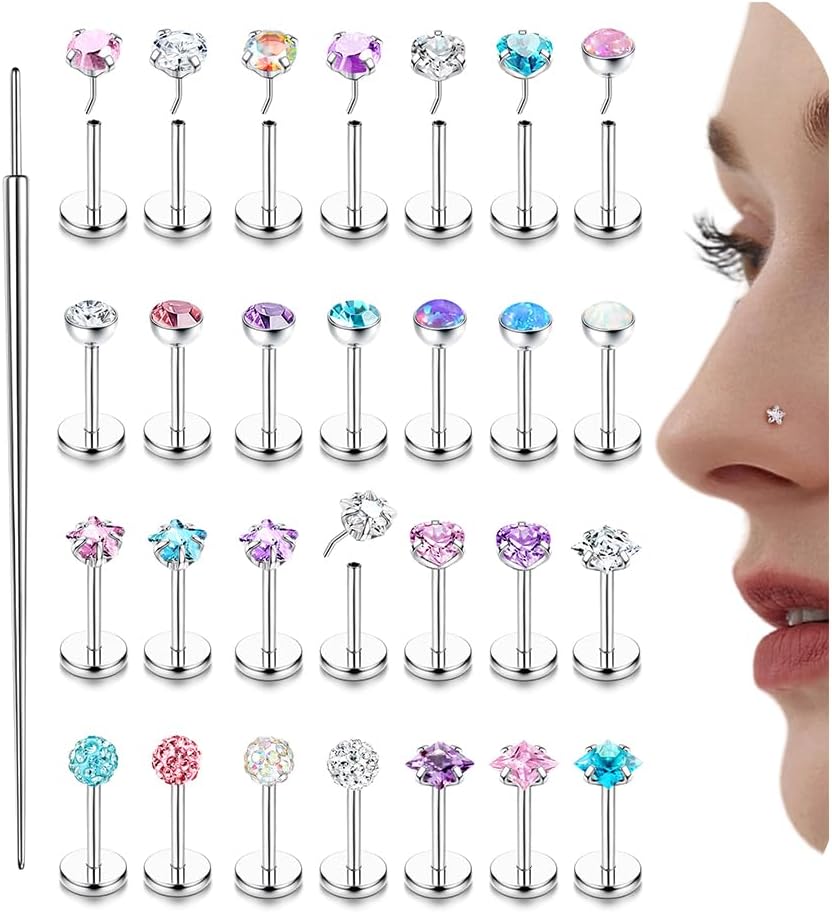 Nose Rings Studs Flat Back Earrings Hypoallergenic - Threadless Surgical Steel Nose Ring Studs Cartilage Earring Monroe Nostril Labret Medusa Tragus Conch Helix Piercing Jewelry for Women Men 28Pcs